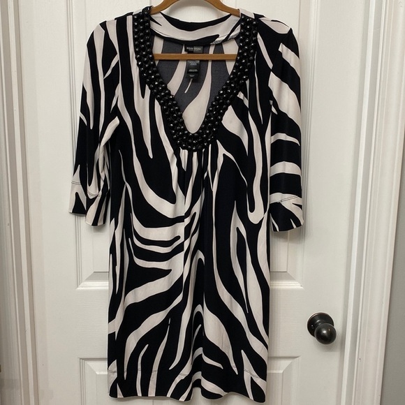 Bisou Bisou Dresses & Skirts - Bisou Bisou Beaded Zebra Print Dress Plunge Neckline Size 8